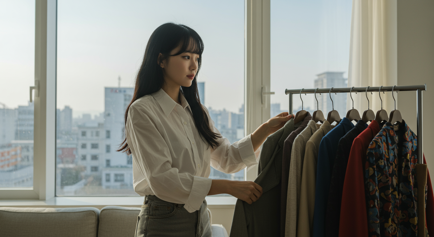 도시 배경 속에서 날씨 변화에 따라 어떤 옷을 입을지 고민하는 젊은 여성