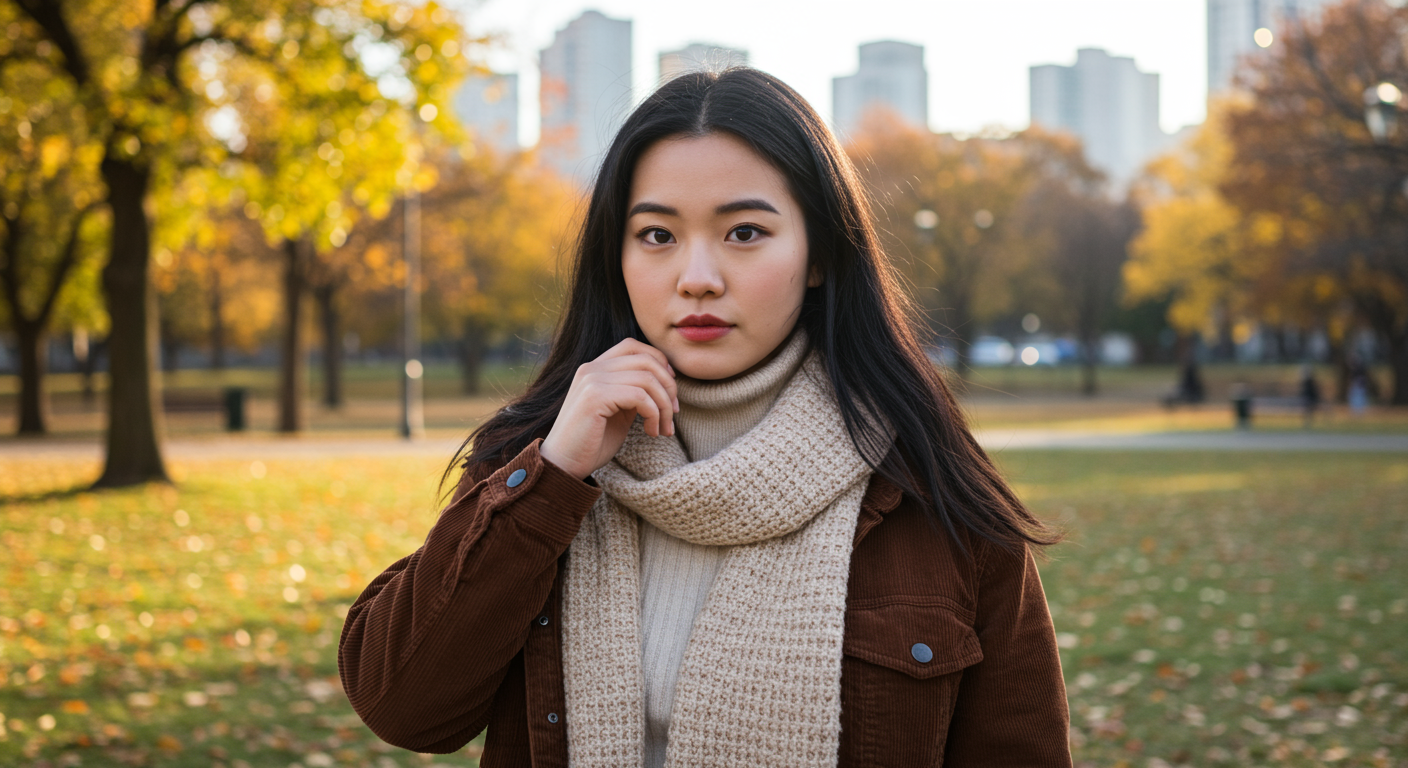 계절 변화에 맞춰 목도리와 재킷을 레이어드한 스타일로 도심 공원에 있는 모습