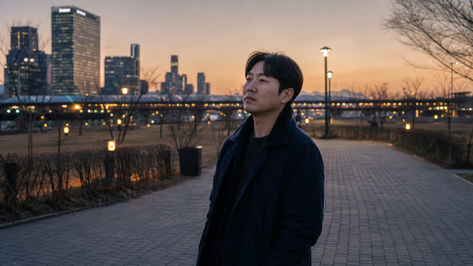 도심 공원에서 혼자 서서 행복을 고민하는 한국 남성