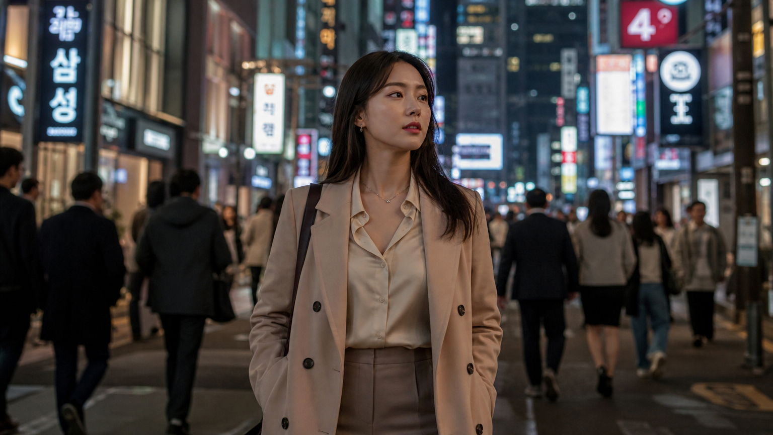 서울 거리에서 스타일리시한 복장을 입고 걷는 자신감 넘치는 여성