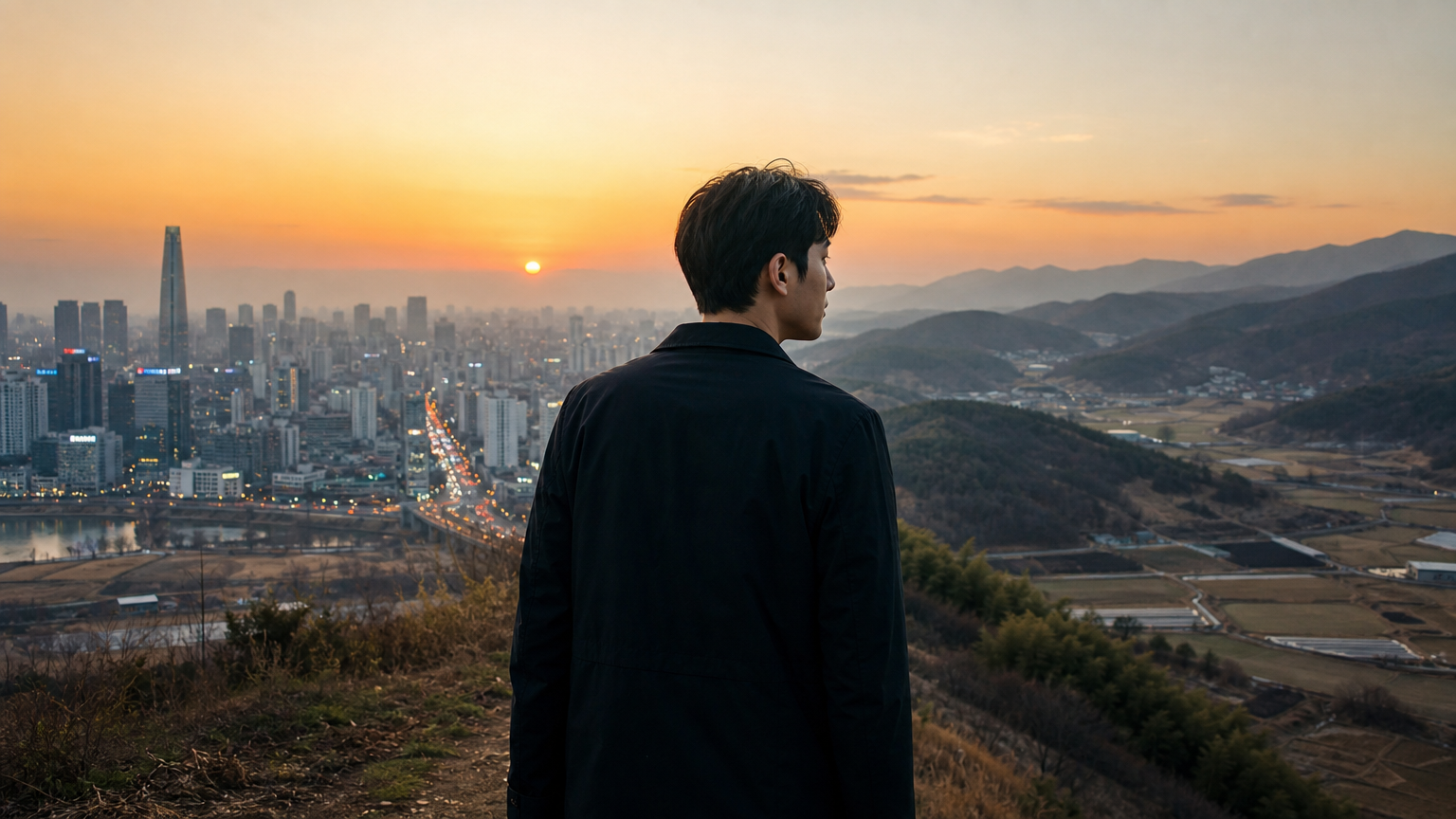 도시와 시골 경계에 서서 갈등하는 한국 남성