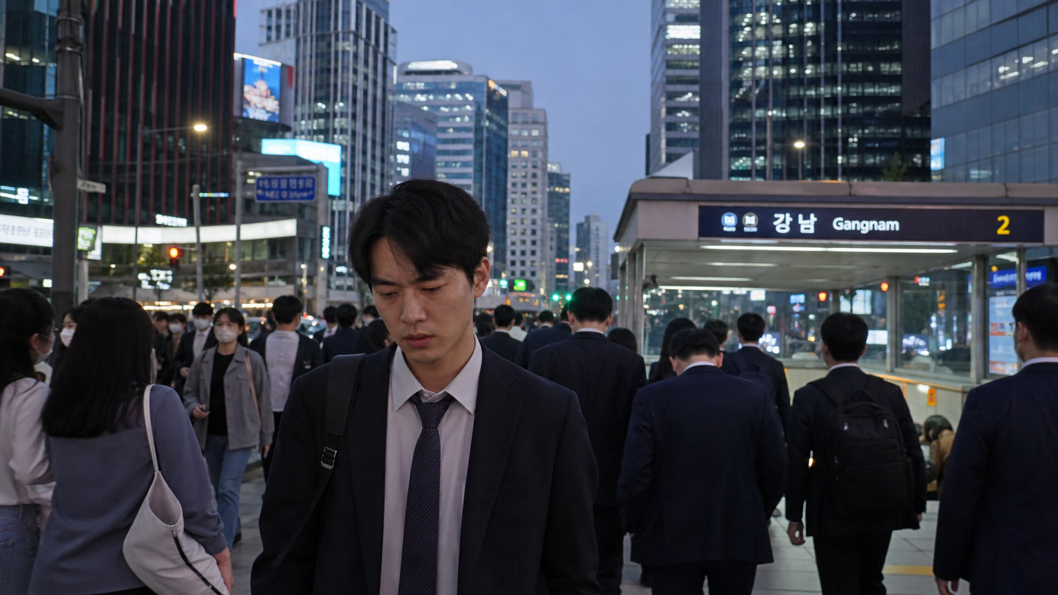 강남역 거리에서 피곤한 모습으로 걸어가는 현대 직장인의 모습
