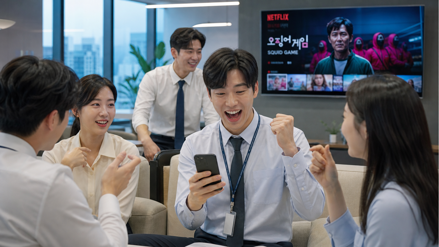 현대적인 사무실에서 스마트폰을 보며 넷플릭스 쇼를 이야기하는 직장인들의 모습