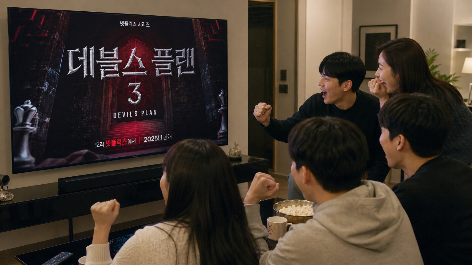 한국 시청자들이 TV 화면 앞에 모여 데블스 플랜 시즌 3 포스터를 보며 기대에 찬 모습