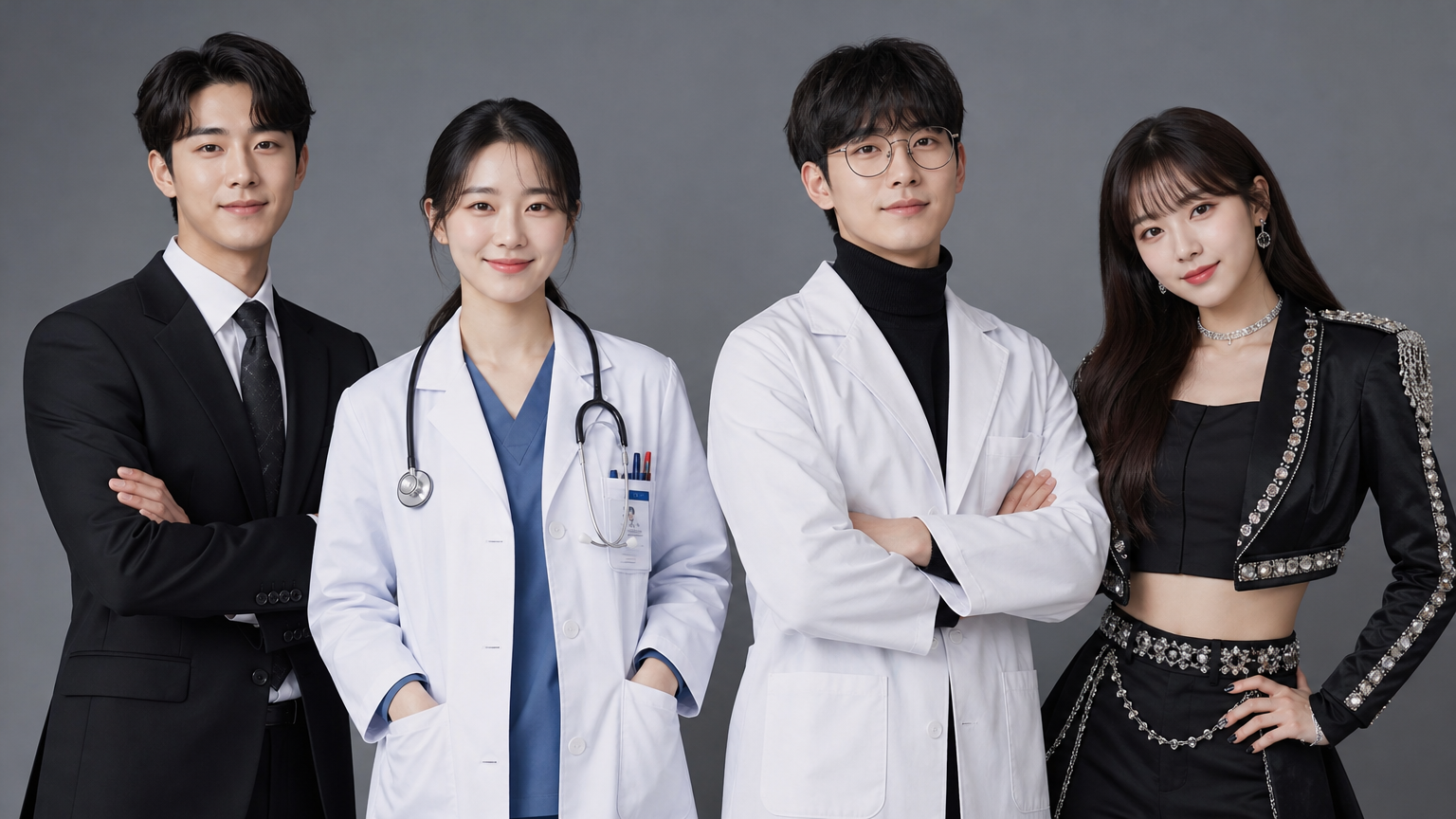 변호사, 의사, 과학 유튜버 및 아이돌 등 다양한 직업군 전문가들이 함께 있는 스튜디오 장면