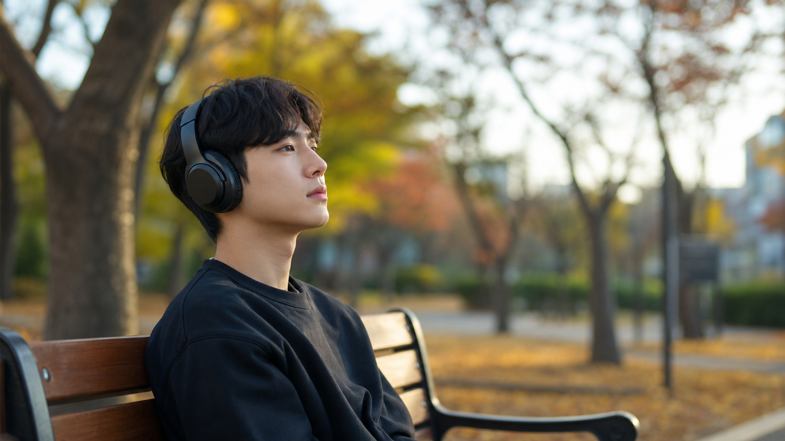 공원에서 헤드폰으로 음악을 듣고 있는 젊은 한국 성인의 평온한 순간