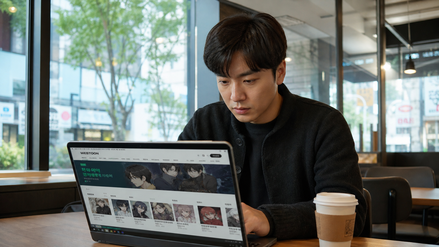한 남성이 카페에서 노트북으로 웹툰을 집중하며 보는 장면