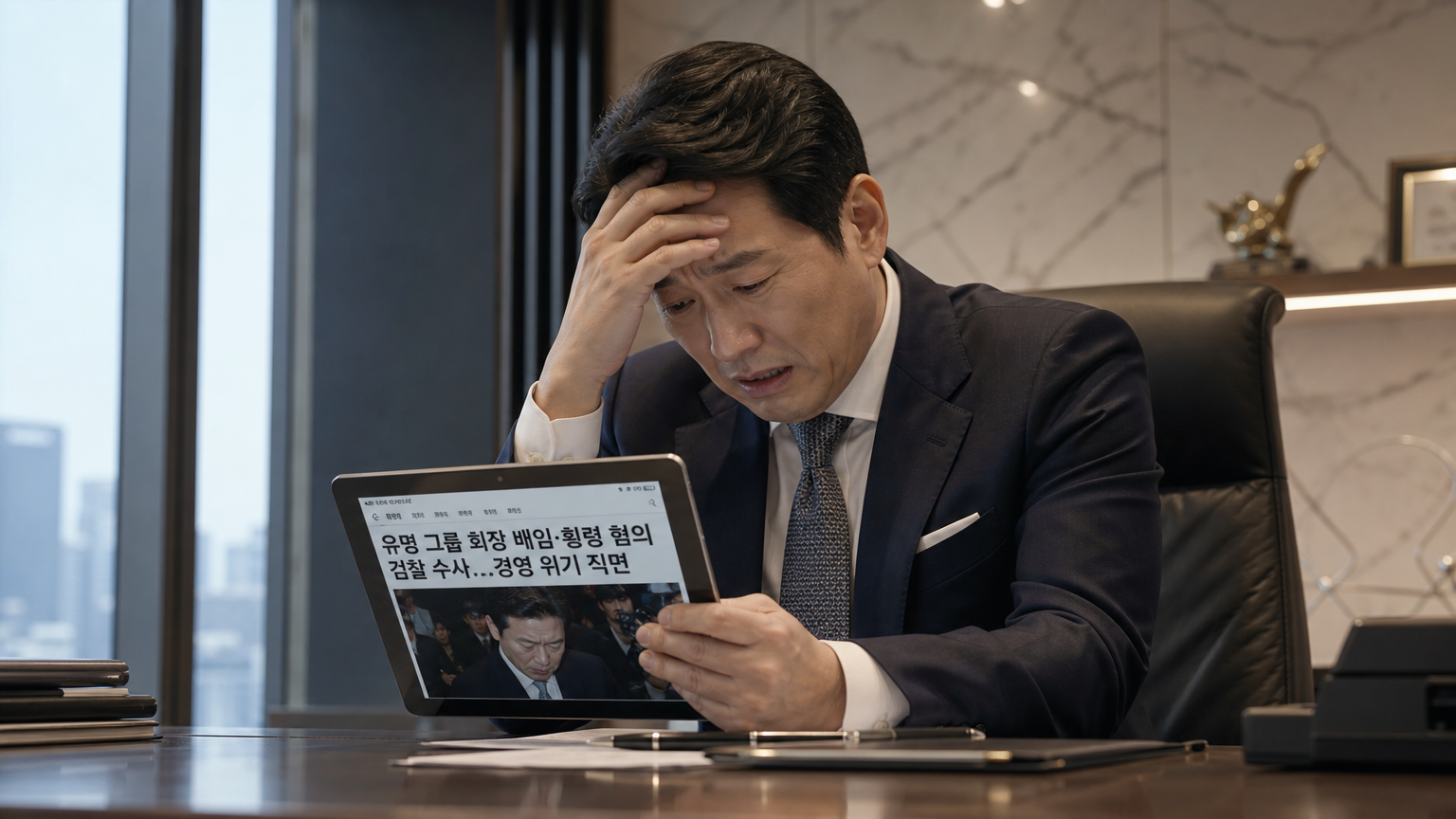 고급 사무실에서 몰락 소식을 읽고 절망하는 사업가의 모습