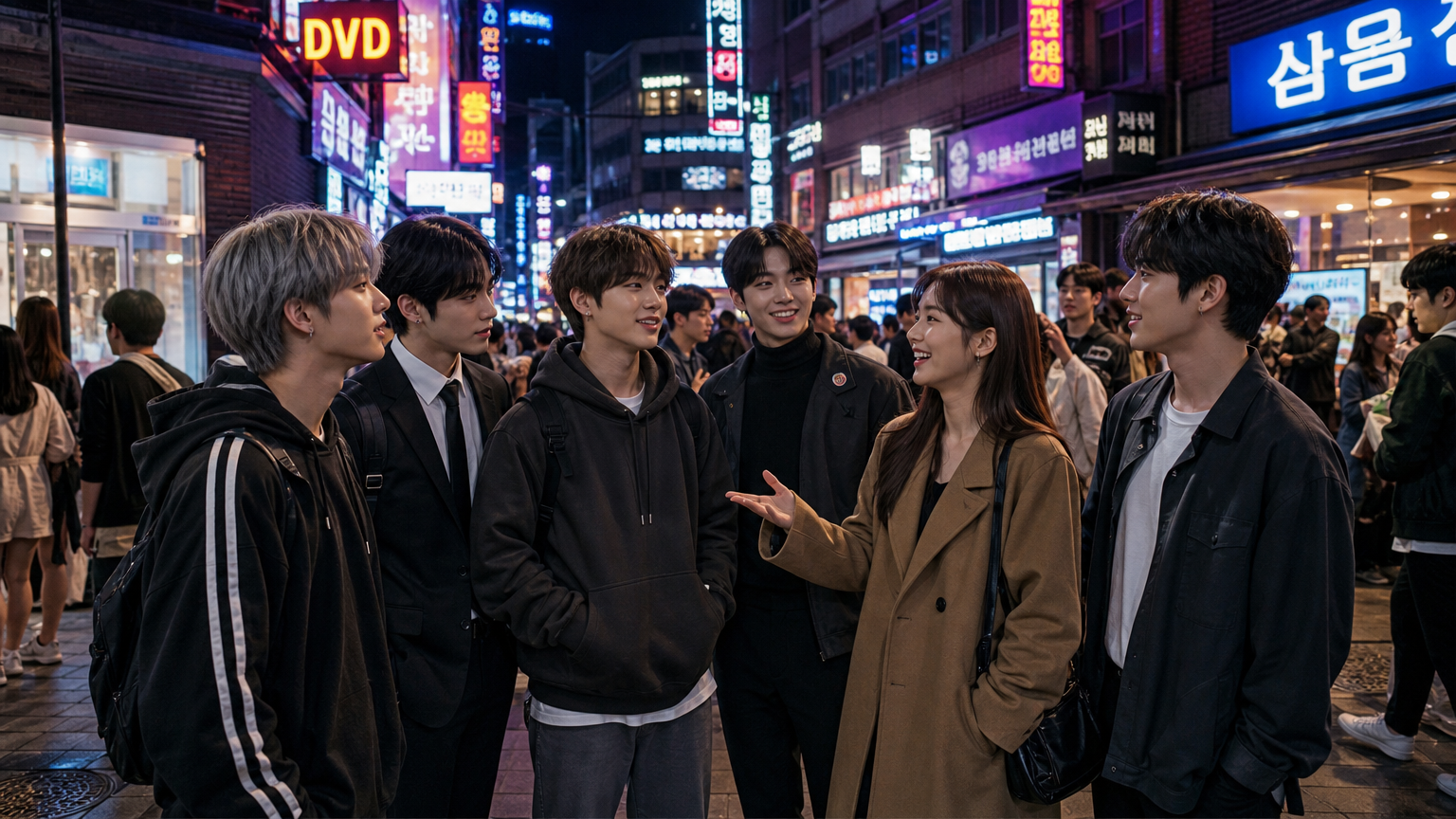서울 밤거리에 다양한 웹툰 캐릭터들이 모여있는 활기찬 장면