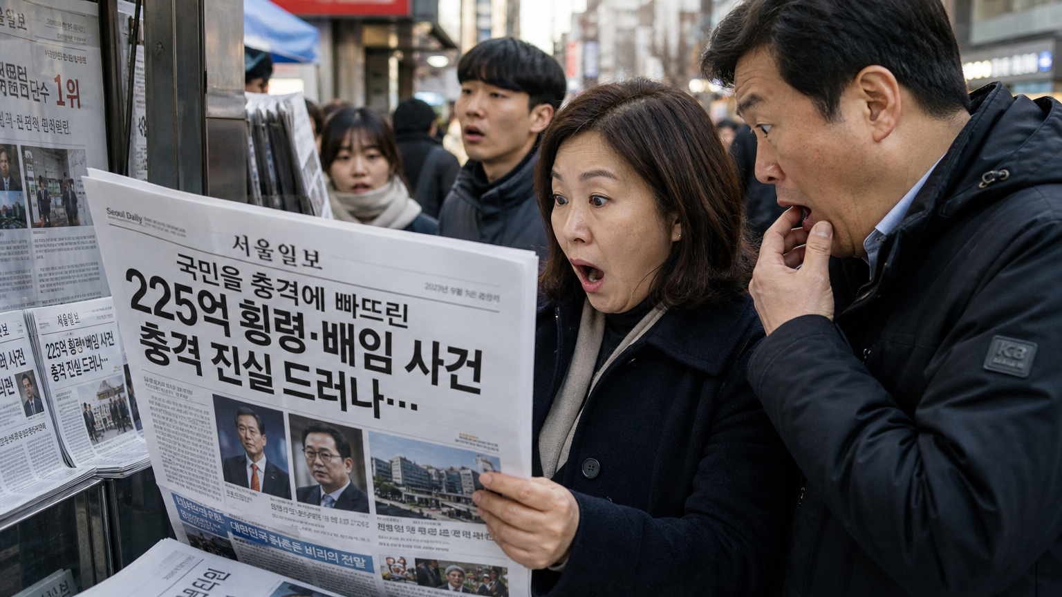한국 신문 헤드라인과 독자들의 충격받은 표정이 강조된 장면