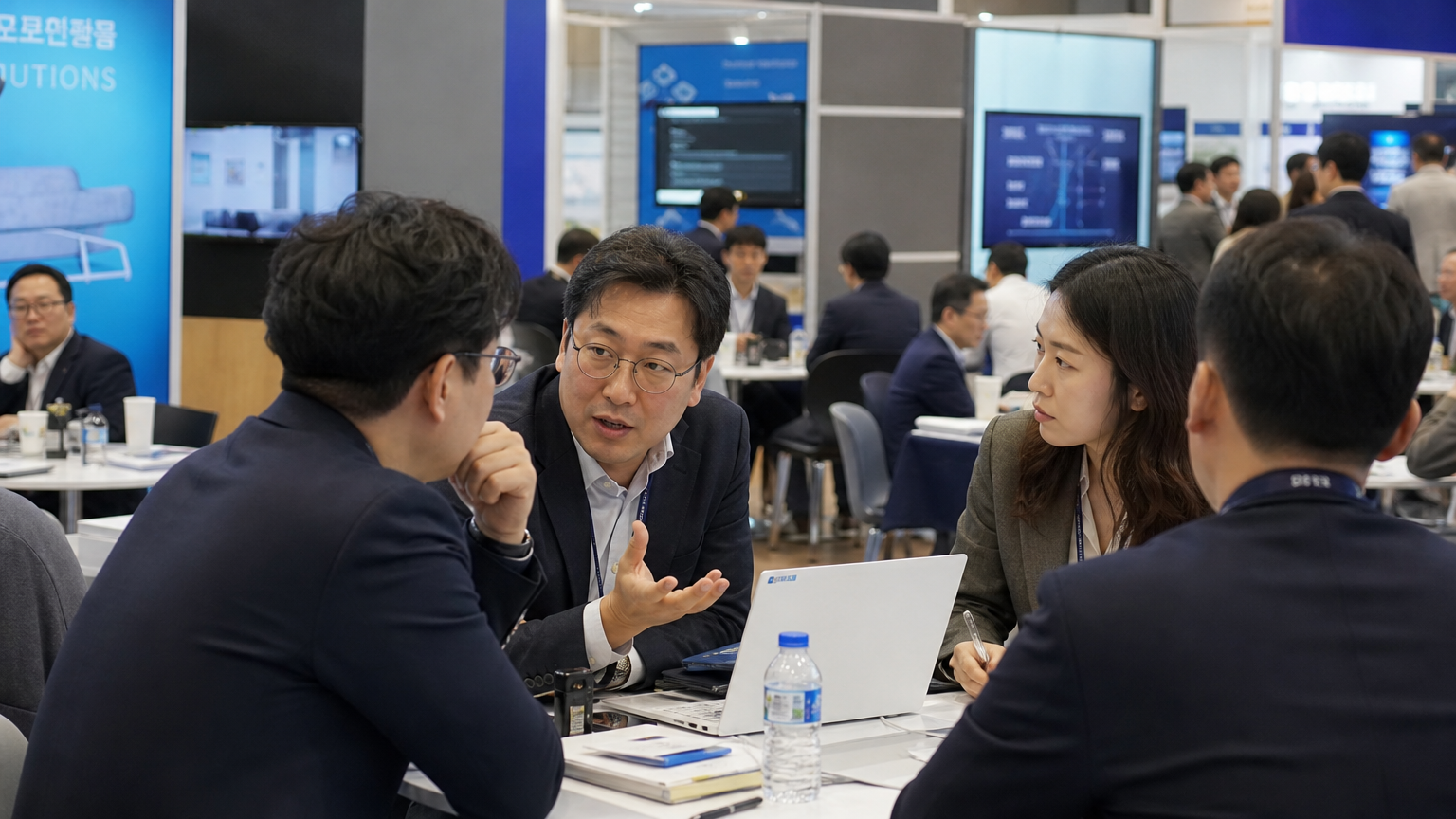 현대적인 비즈니스 회의실에서 B2B 상담을 진행 중인 전문가들