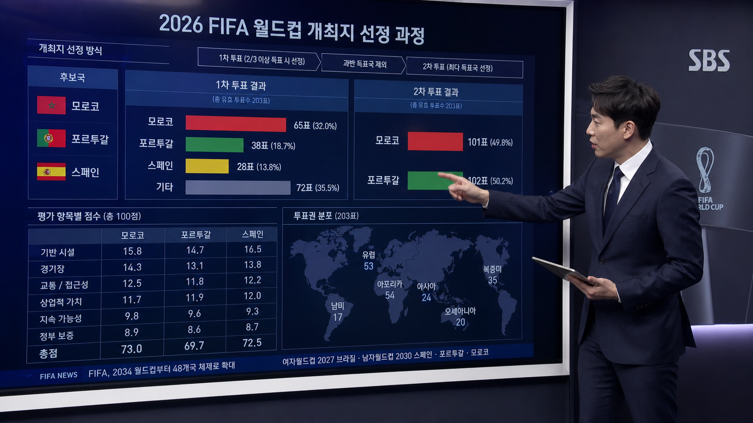 스포츠 해설자가 대형 스크린에서 복잡한 데이터와 차트를 분석하는 모습