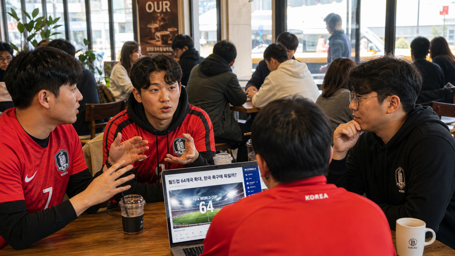 카페에서 커피를 마시며 참가팀 수 확대에 대해 토론하는 축구 팬들