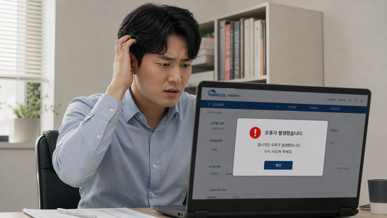 한국 직장인이 세금 납부 중 컴퓨터에서 오류 메시지를 보고 당황하는 모습