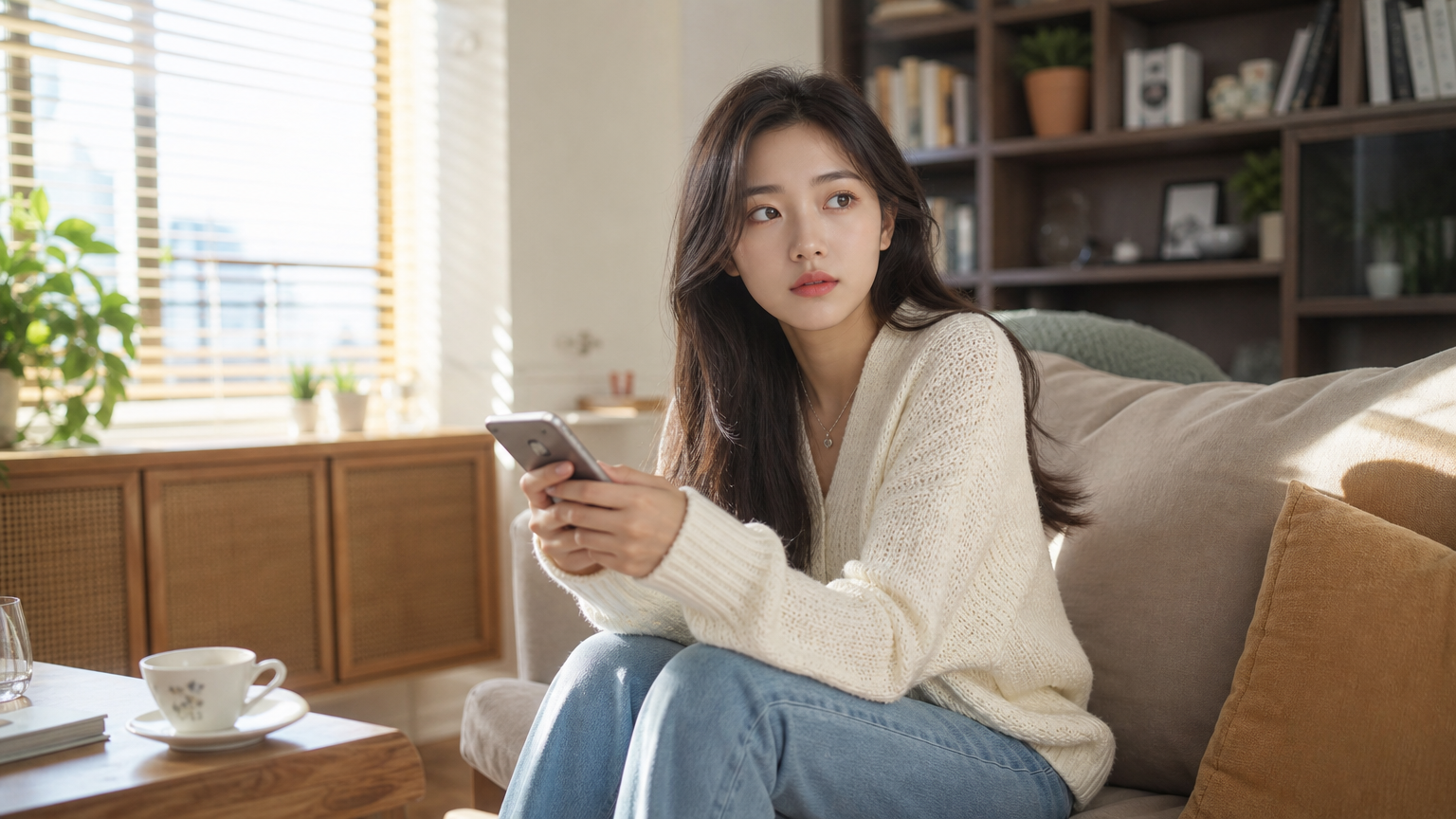 현대적 거실에서 스마트폰을 보며 생각에 잠긴 여성