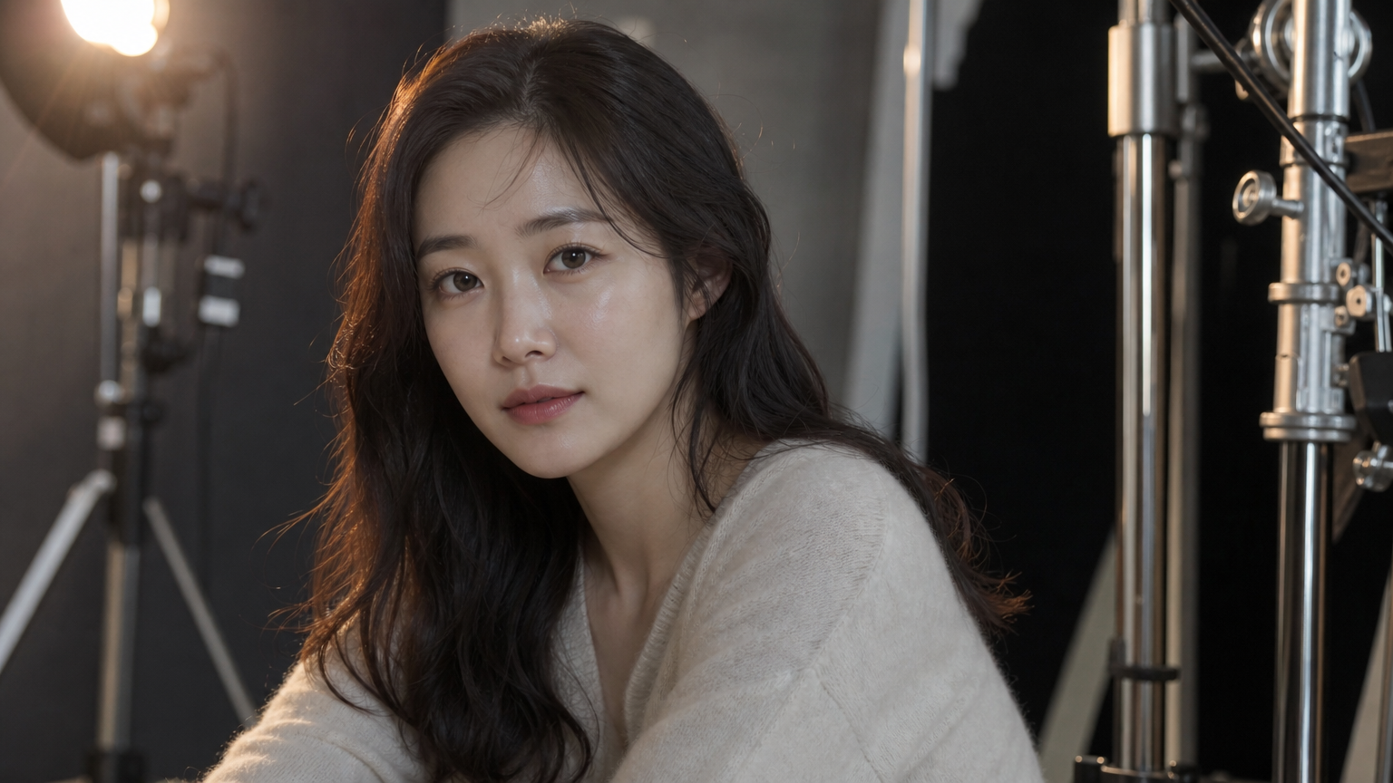 촬영장에서 차분히 카메라를 응시하는 여배우