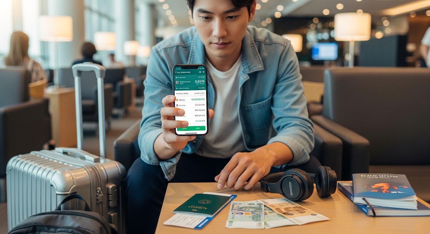 공항 라운지에서 스마트폰으로 실시간 환율을 확인하는 현대 여행자의 모습, 주변에 여행 장비와 화폐가 놓여 있음