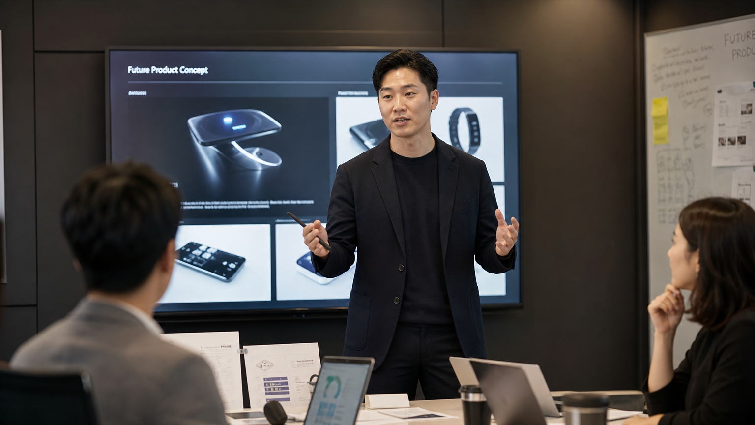 디지털 프레젠테이션을 활용해 미래 제품 콘셉트를 발표하는 한국 여성 기업가
