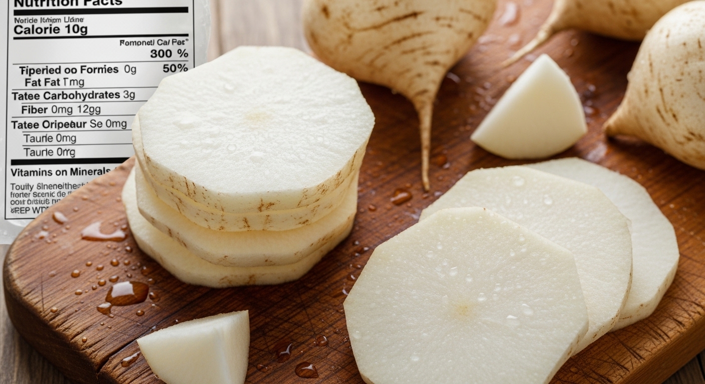 잘린 히카마 조각이 도마 위에 올려져 있고 사과 같은 식감이 드러나는 모습