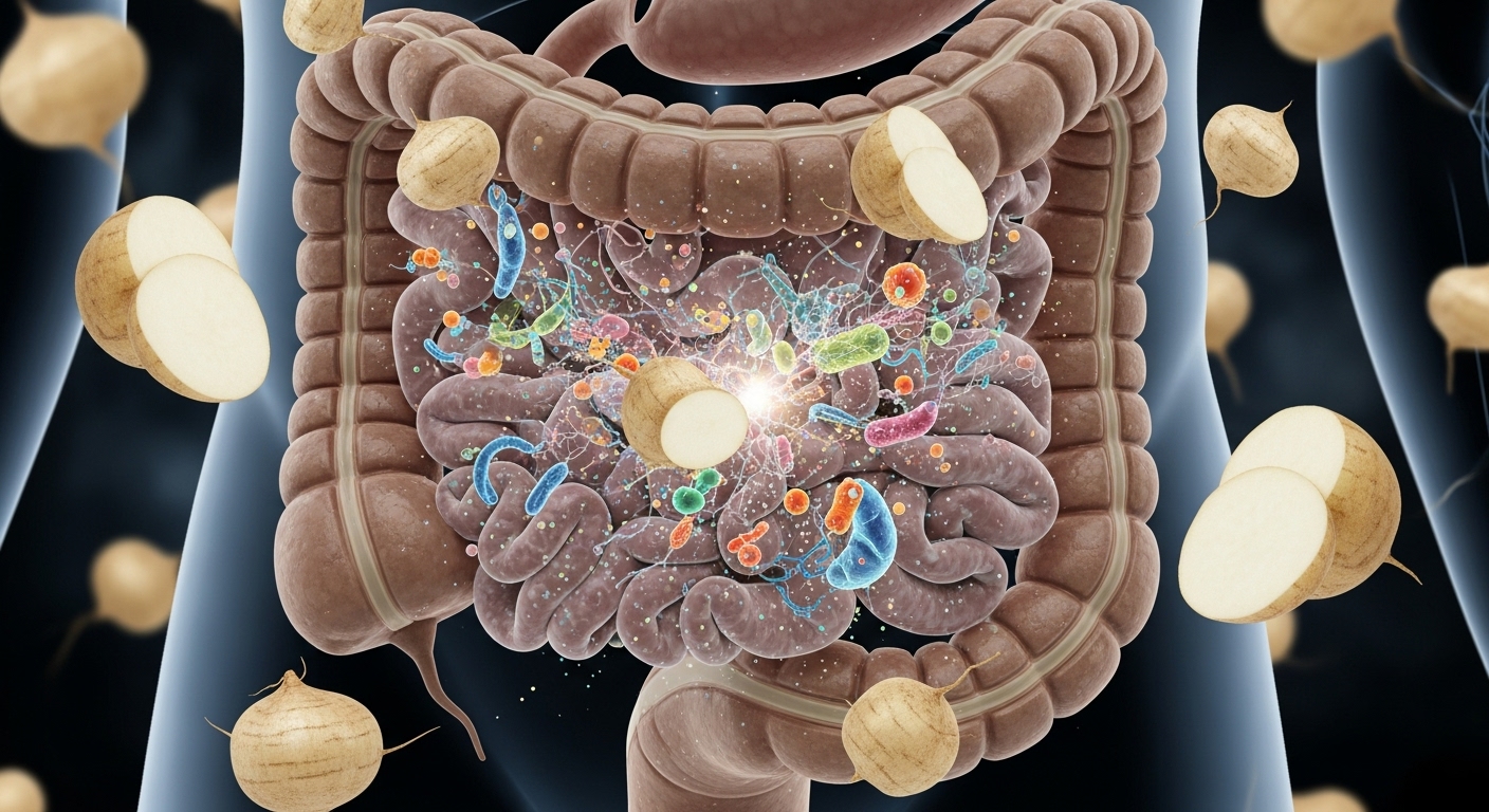 소화기관을 강조한 이미지 속 장내 유익균 성장을 돕는 모습