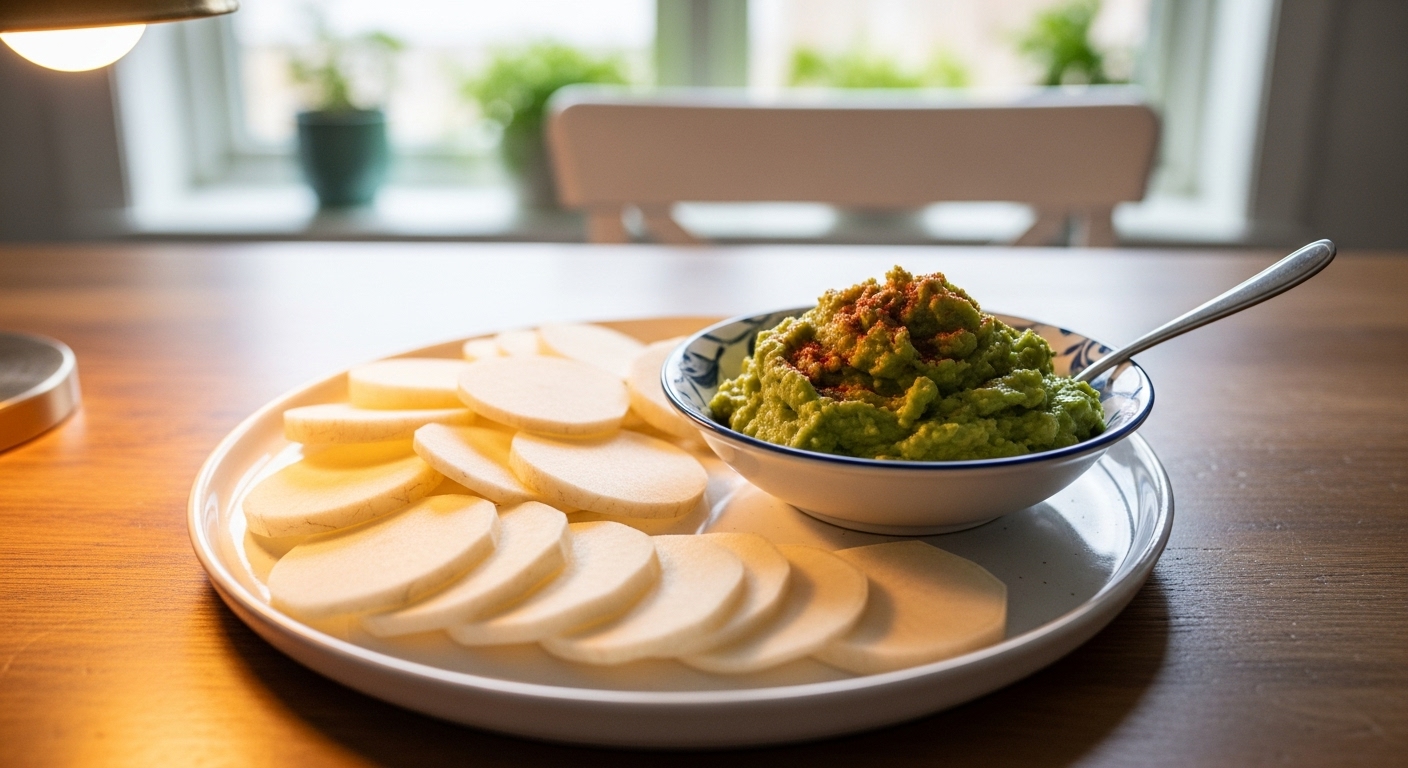 아늑한 주방에서 당뇨 관리에 좋은 간식으로 준비된 히카마 슬라이스 및 과카몰리