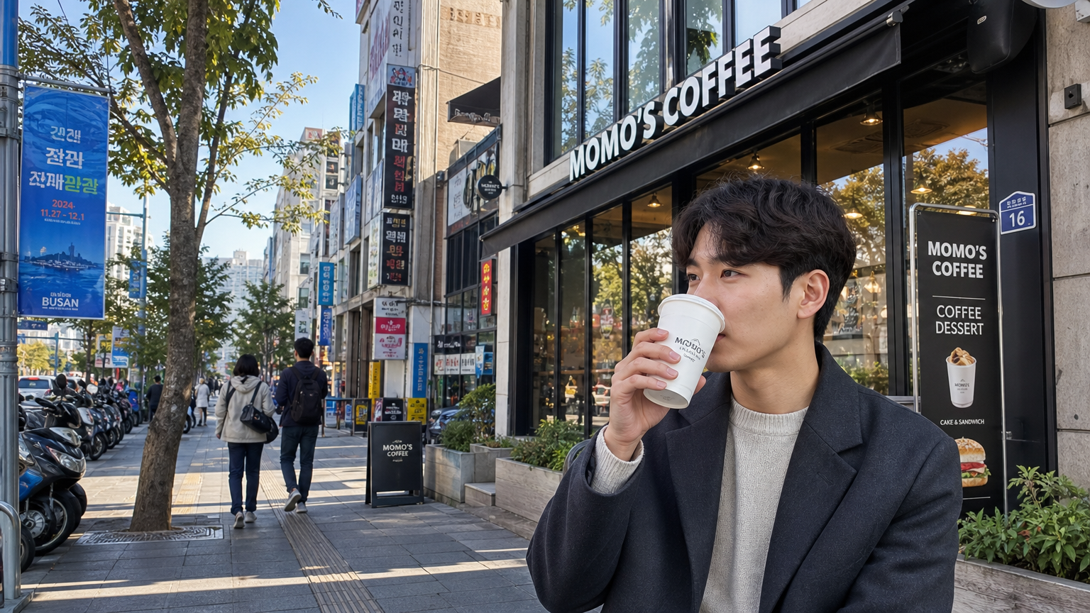 부산의 현대적인 거리와 카페들 속에서 커피를 마시는 사람