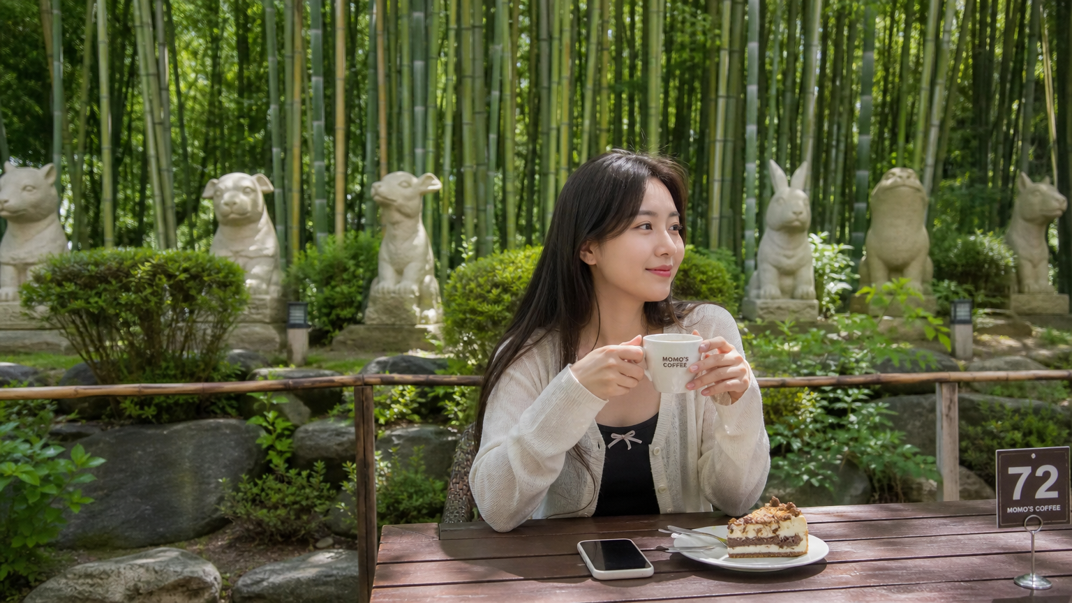 대나무 숲과 석상이 있는 온천장 본점 정원에서 커피를 즐기는 사람