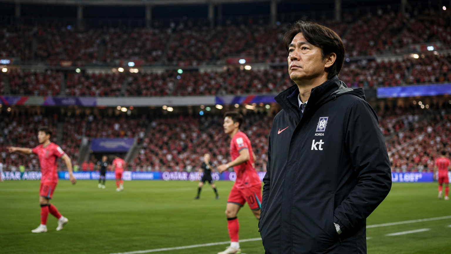 경기장에서 긴장된 표정으로 경기를 지켜보는 축구 팀 매니저의 모습