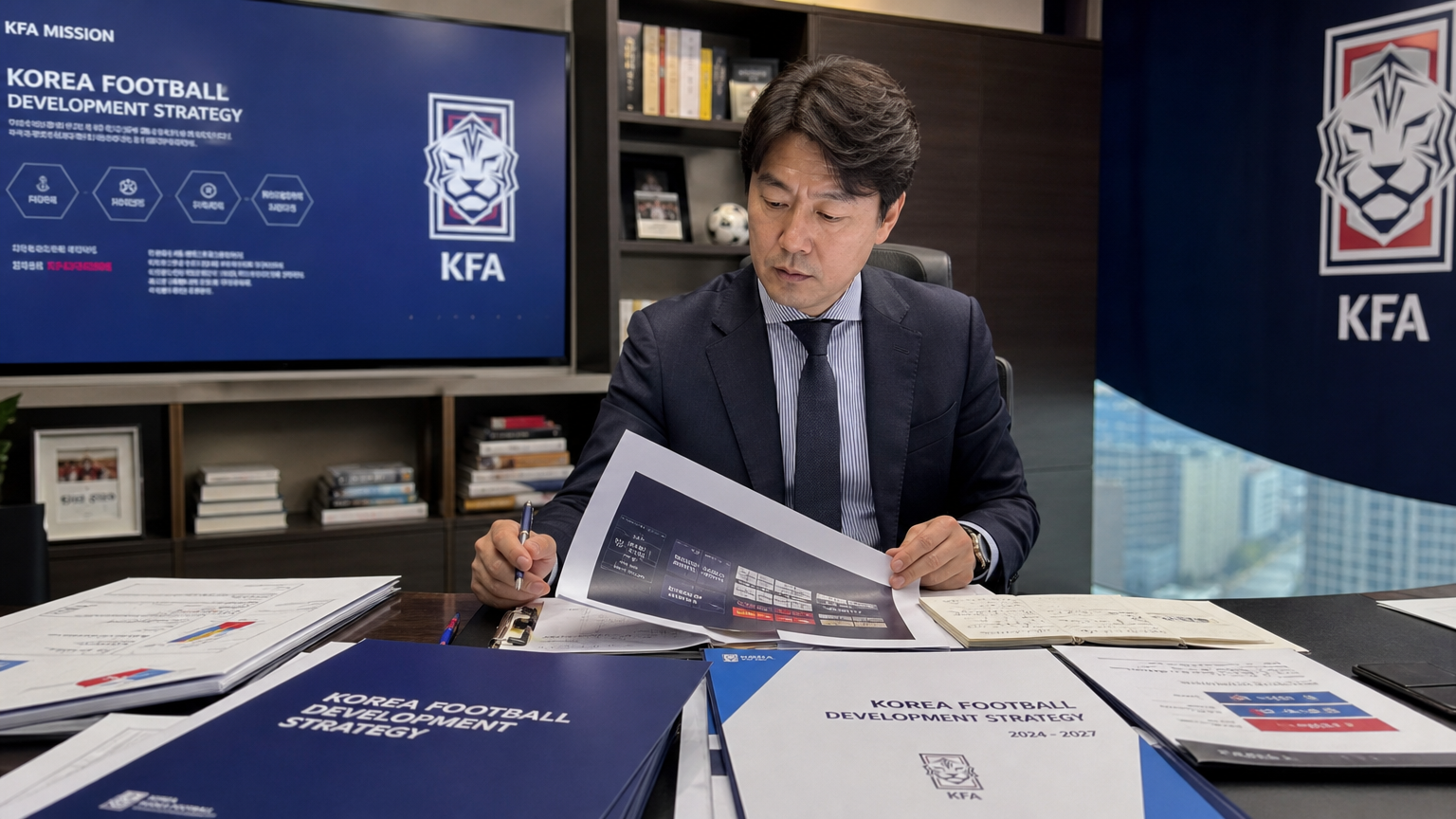 사무실에서 축구 발전 전략 문서를 검토하는 스포츠 행정가의 모습