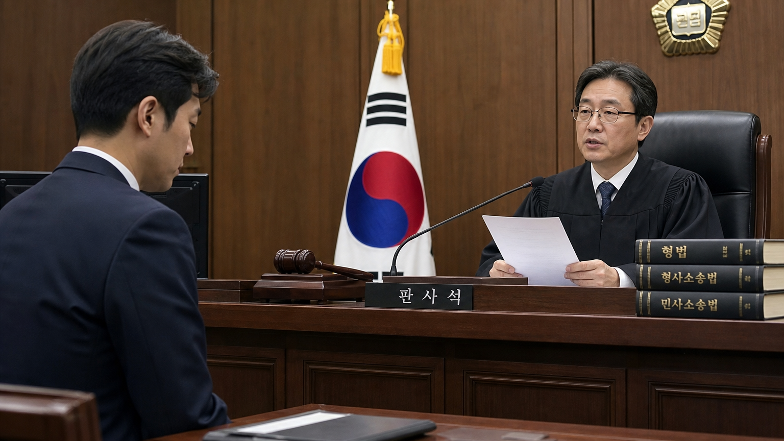 판사가 법정에서 한국 남성에게 선고를 내리는 장면