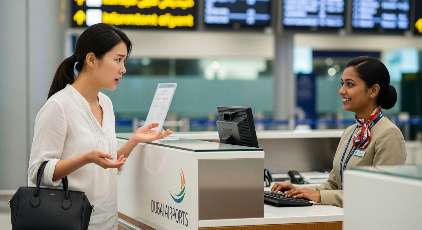 두바이 공항 정보 데스크에서 분실한 Nol 카드를 찾기 위해 도움을 요청하는 걱정스러운 한국인 여행자