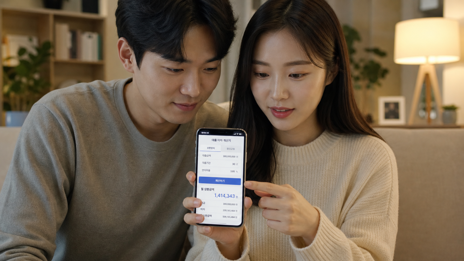 거실에서 스마트폰으로 대출 계산기를 사용하는 젊은 부부