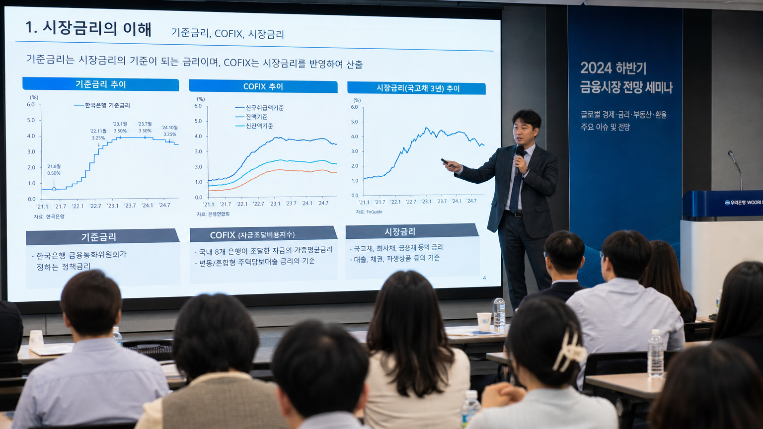 세미나에서 COFIX 등 금융 지표를 설명하는 분석가와 청중들