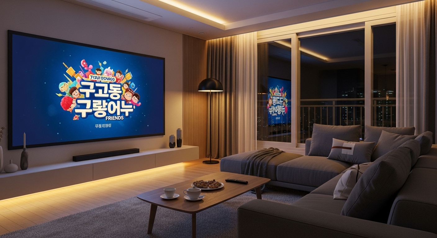 현대적인 한국 거실에서 '구기동 프렌즈'를 시청하는 장면