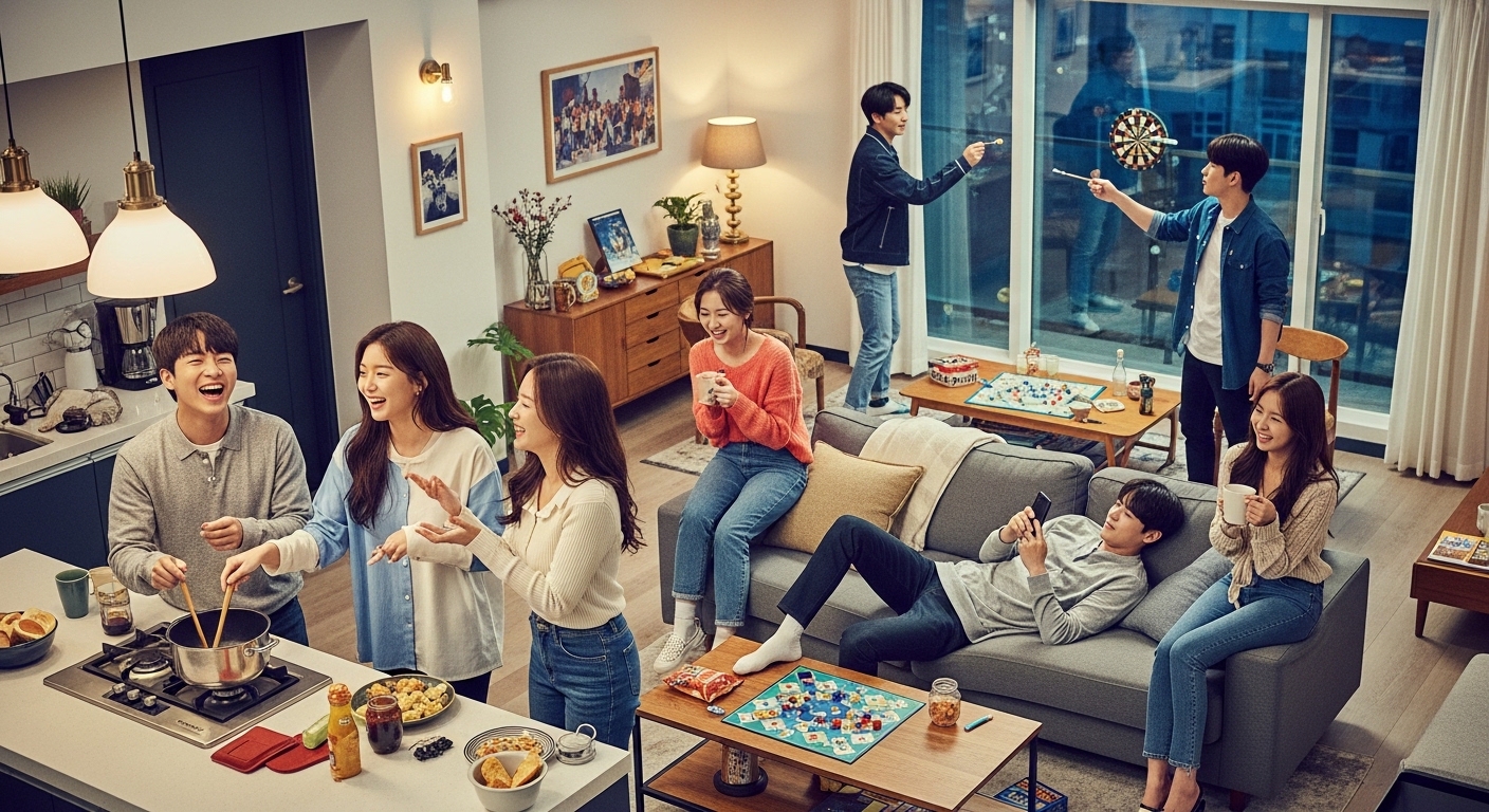 여섯 명의 젊은 한국 연예인들이 한 집에서 생활하며 일상을 공유하는 모습