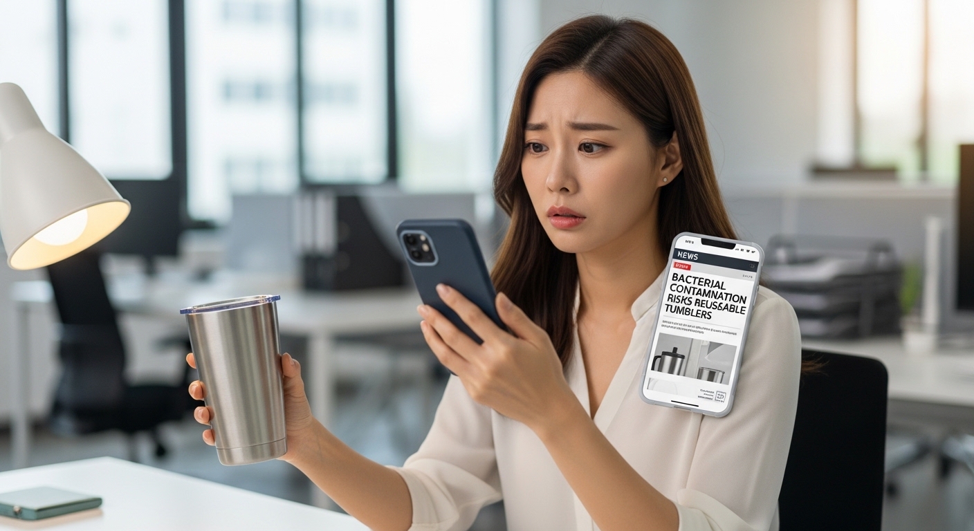 사무실에서 텀블러를 들고 스마트폰으로 세균 오염 정보를 읽으며 걱정하는 여성