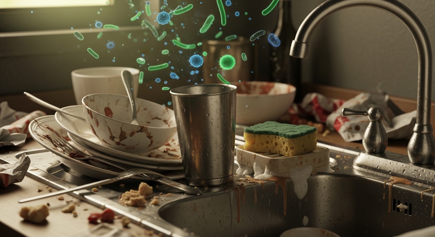 사용한 식기들과 스펀지 사이에 방치된 텀블러가 있는 더러운 주방 환경