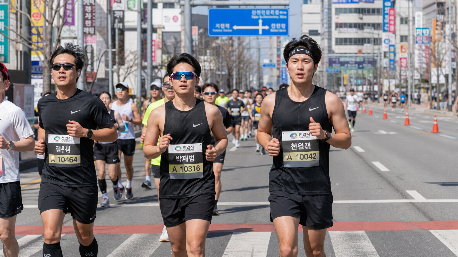 평탄한 도시 거리를 달리는 한국 러너들