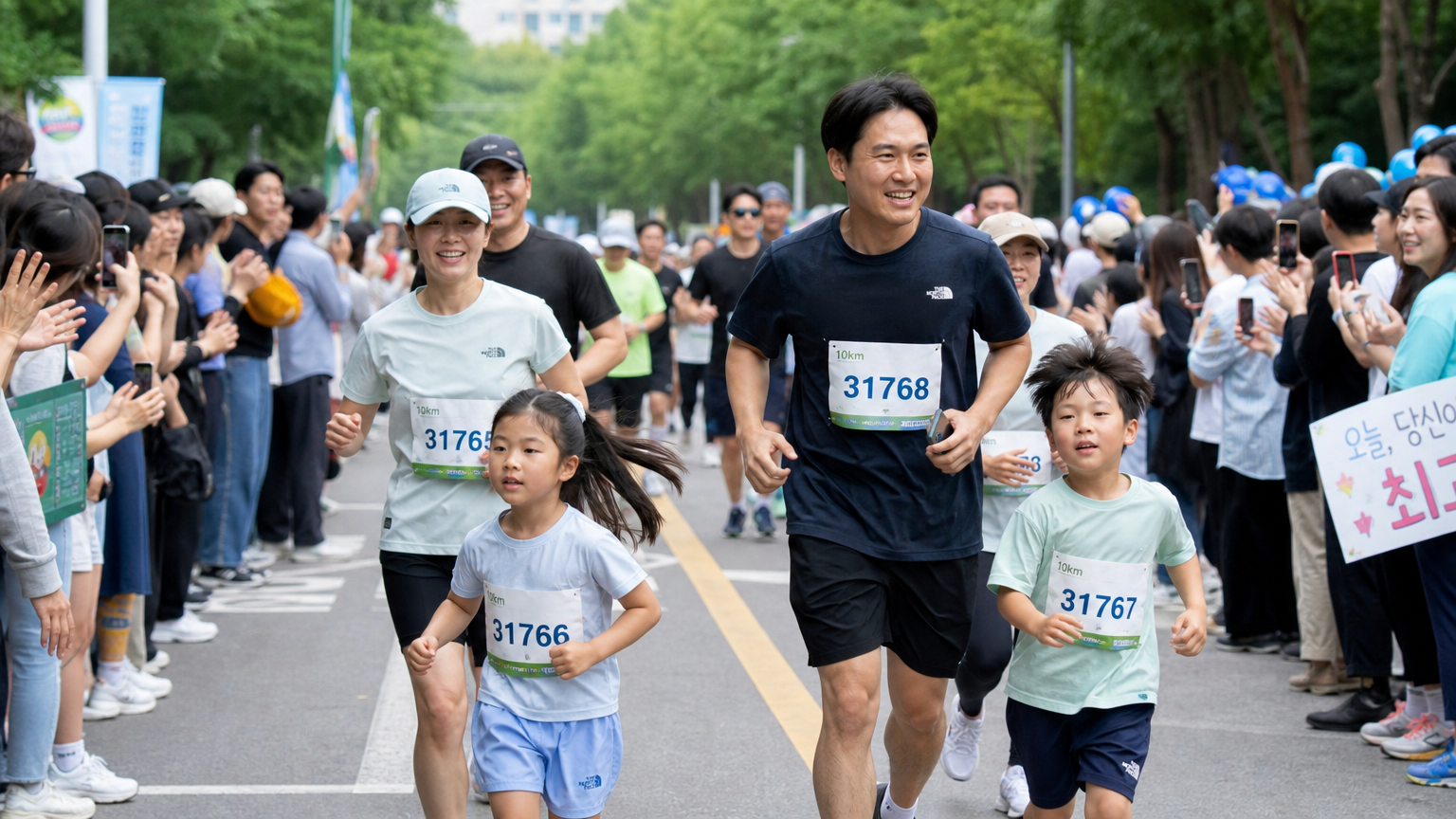 가족 및 성인 참가자들이 응원 속에서 함께 조깅하는 모습