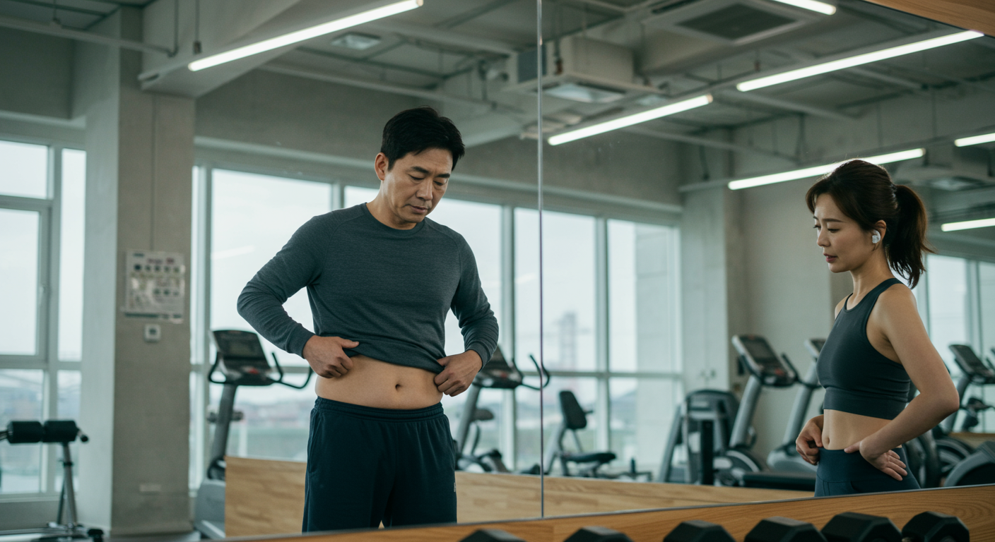 헬스장에서 자신의 뱃살을 거울로 살펴보는 중년 남성과 여성의 모습