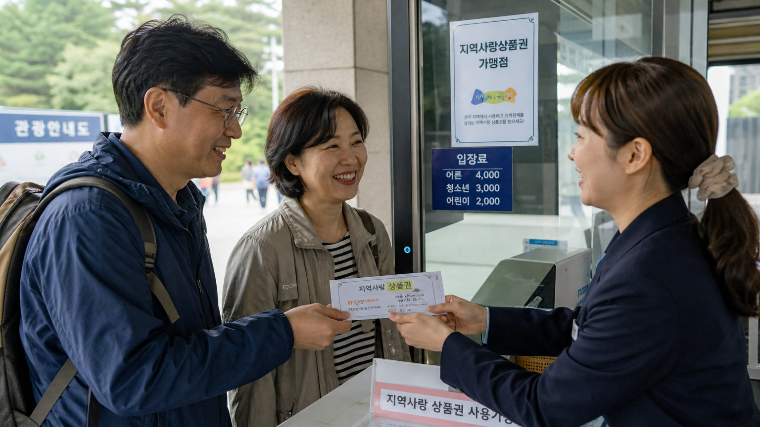 티켓 부스에서 입장료를 내고 상품권을 받으며 미소 짓는 성인들