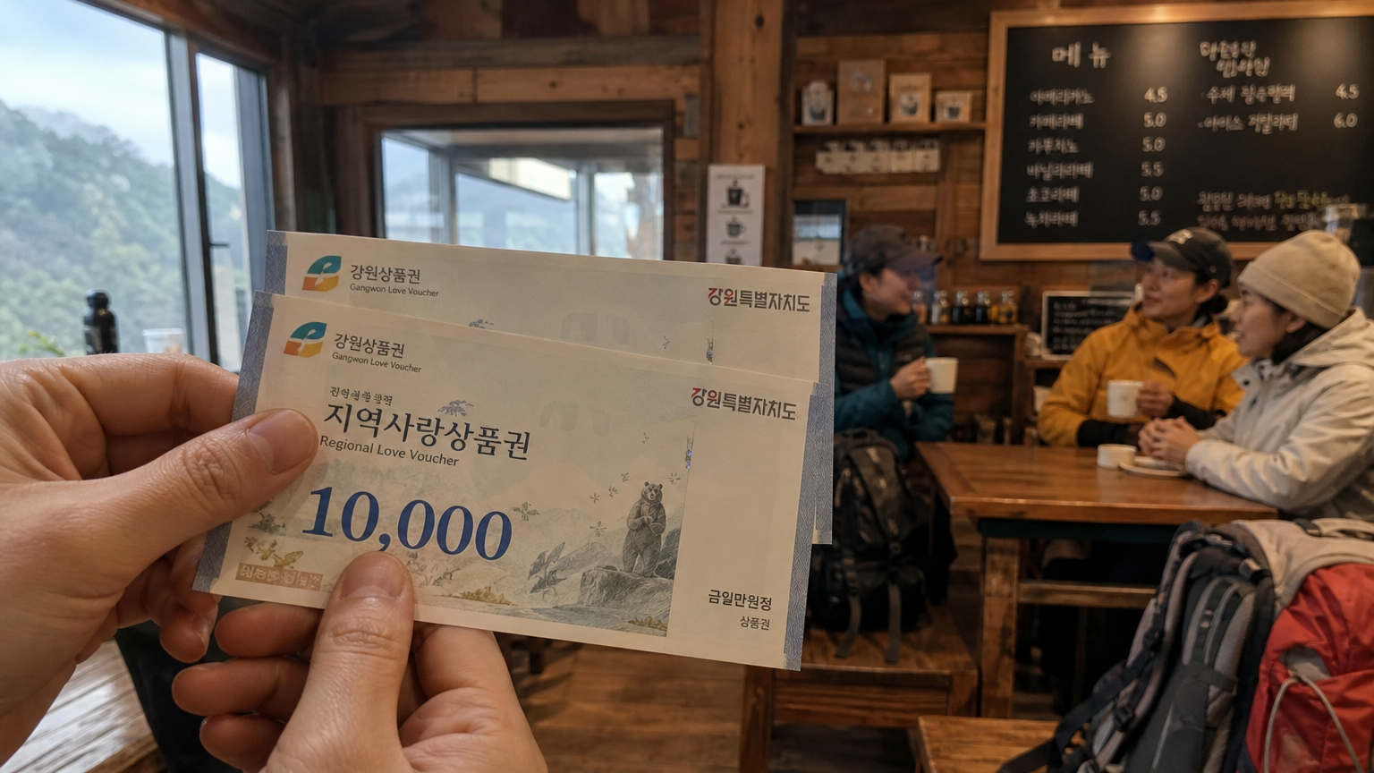 트레킹 후 카페에서 음료를 즐기며 손에 들고 있는 지역 사랑 상품권