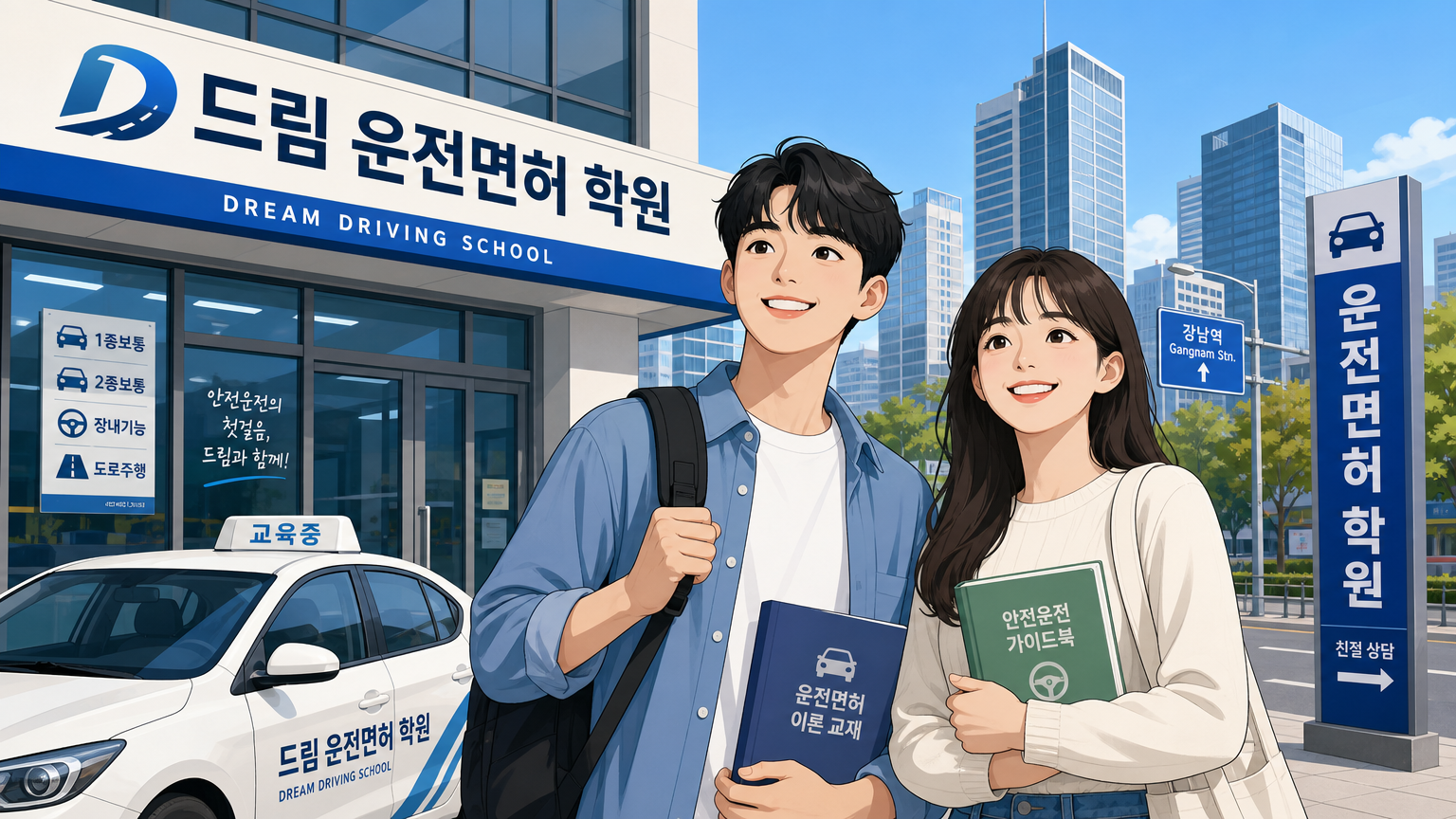 젊은 성인들이 운전학원 앞에서 면허 취득을 준비하는 모습