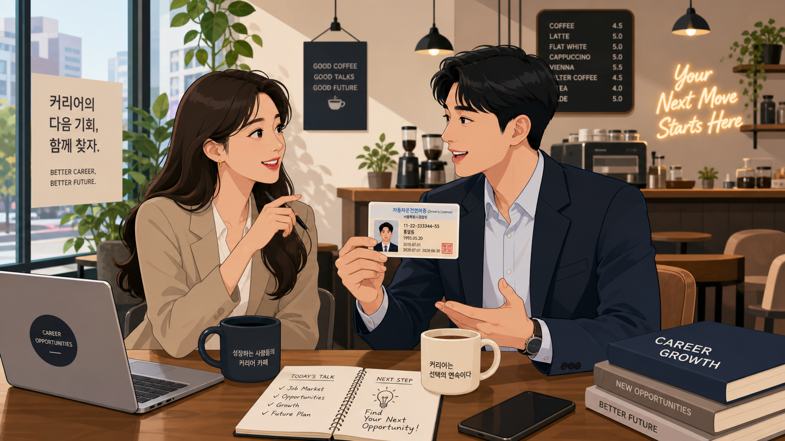 카페에서 커피를 마시며 취업 기회를 논의하는 젊은 직장인들