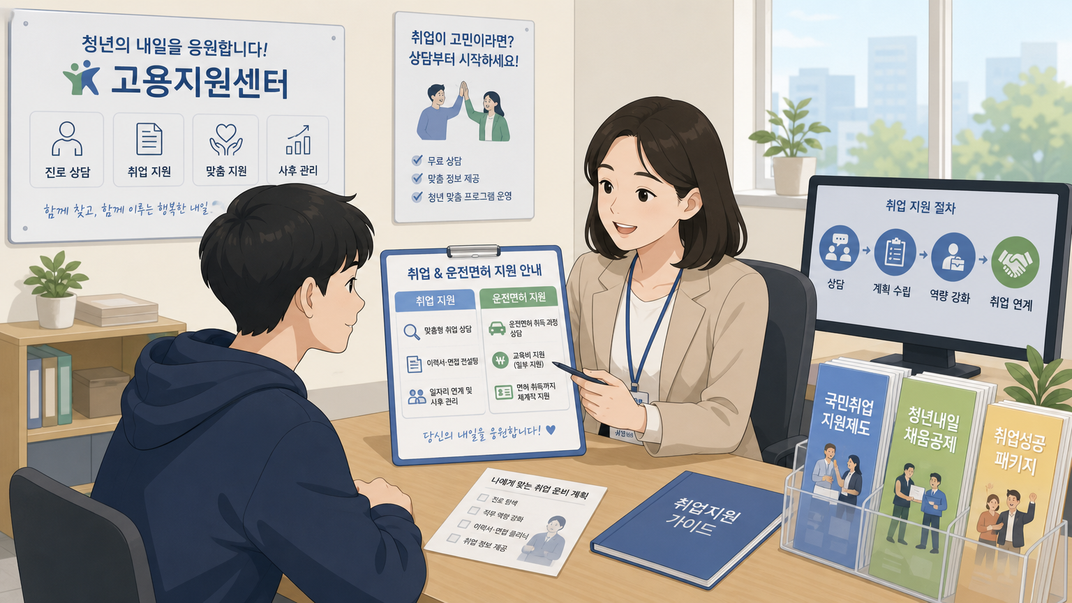 고용센터에서 상담을 받으며 일자리 및 면허 지원 정보를 얻는 청년들