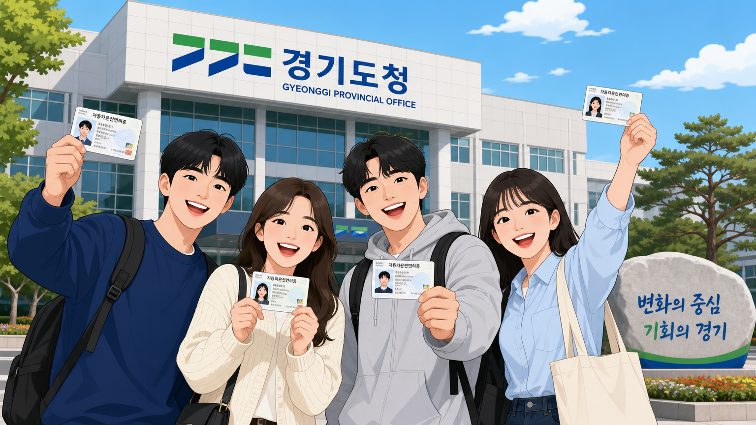 경기도청 앞에서 새 면허증을 들고 기뻐하는 젊은이들