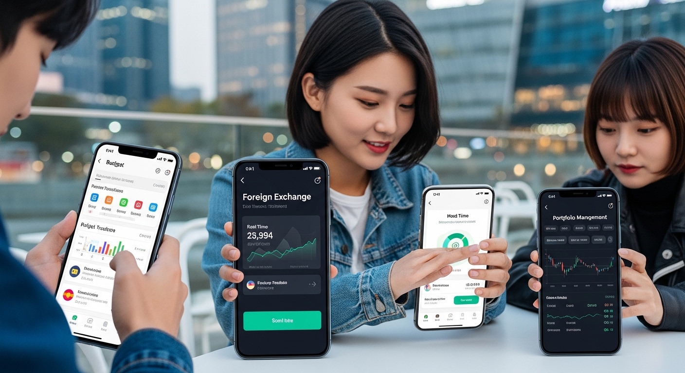 현대적인 도시 환경에서 모바일 뱅킹 앱을 사용하는 젊은 세대들의 모습