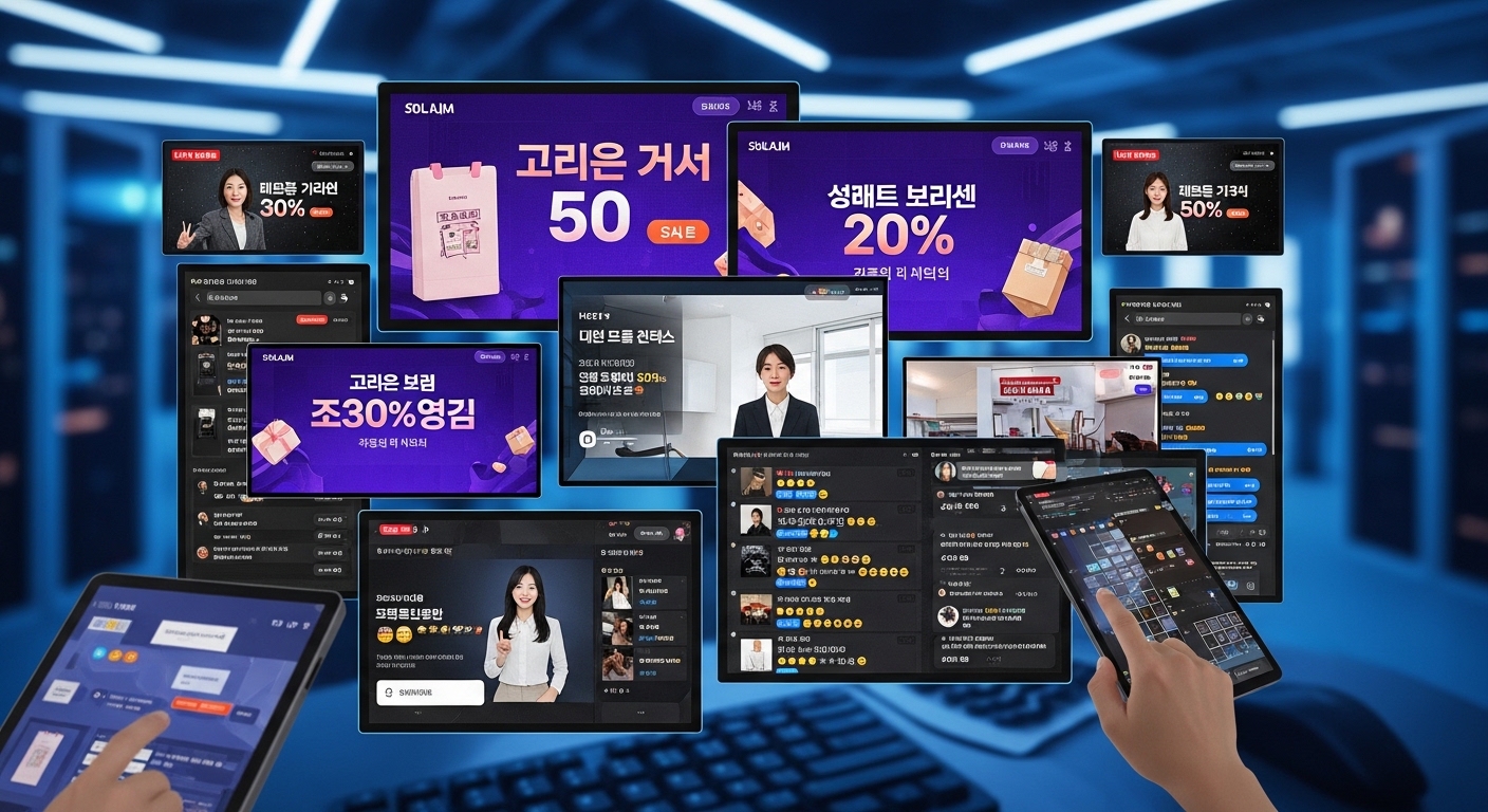 한국 전자상거래 환경에서 활발한 온라인 마켓플레이스와 라이브 세일 화면