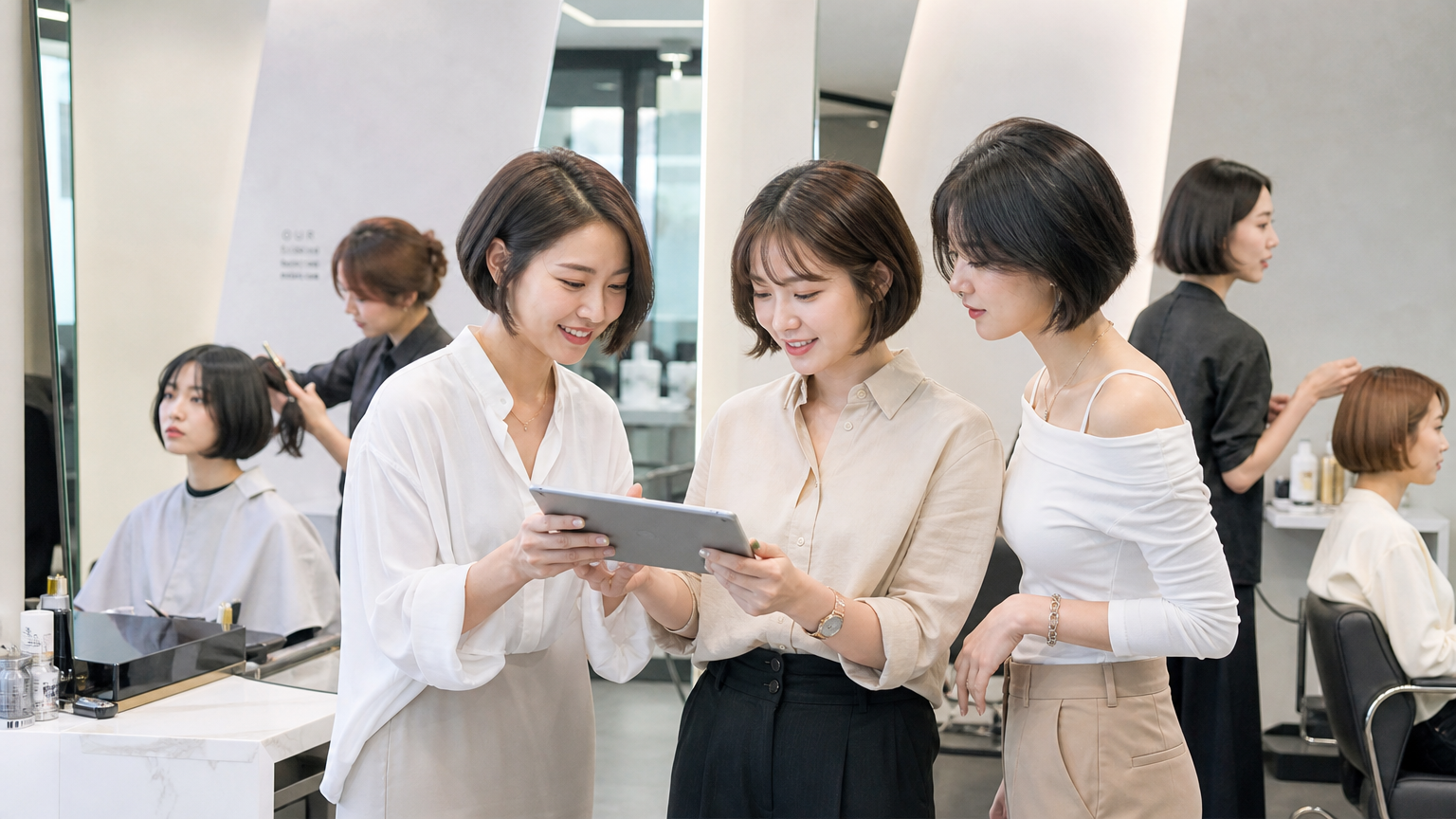 현대적인 미용실에서 다양한 단발 스타일을 시도하는 여성들