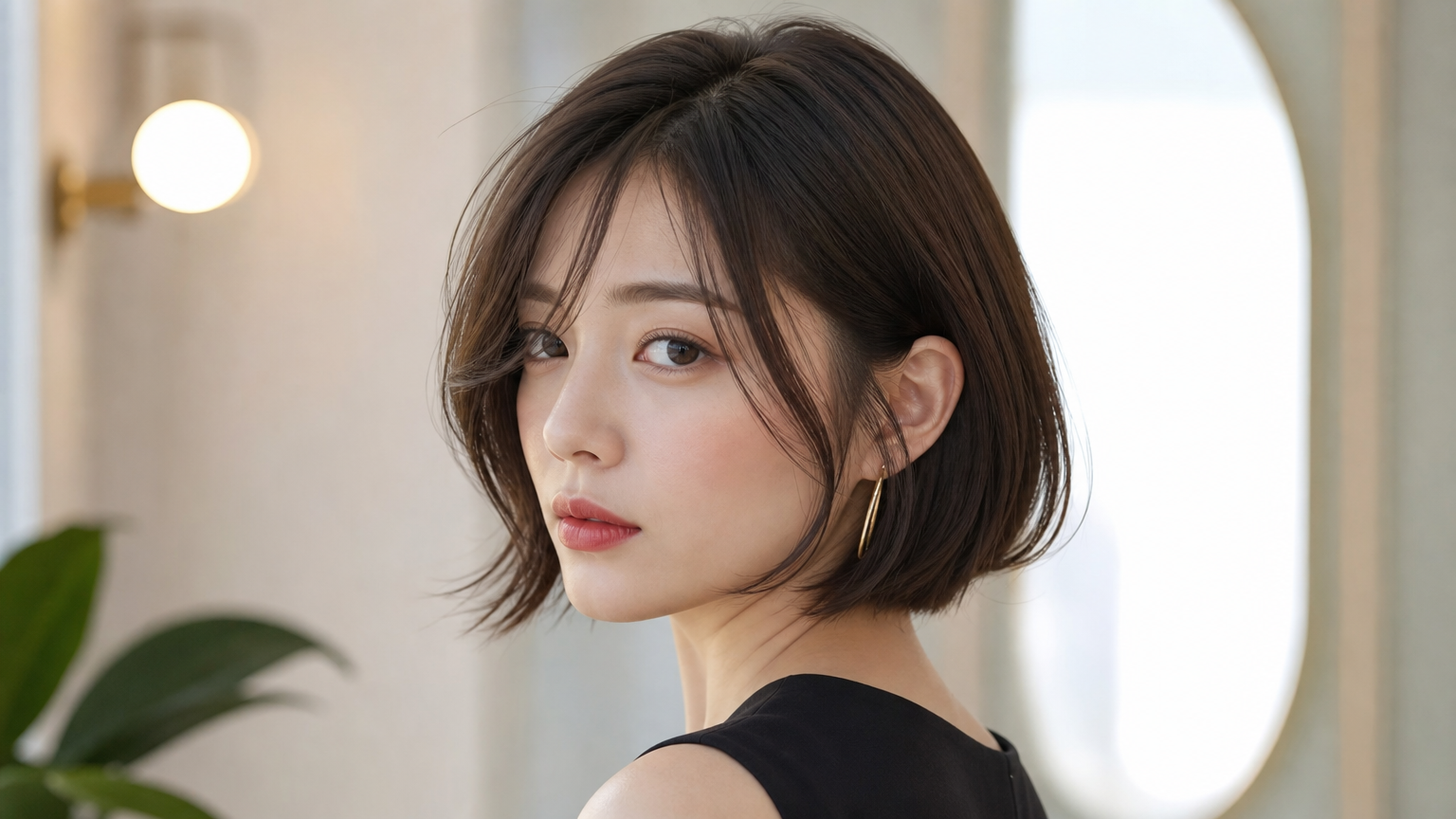 모발 끝이 술처럼 가볍고 뾰족하게 연출된 단발 머리를 가진 여성의 클로즈업